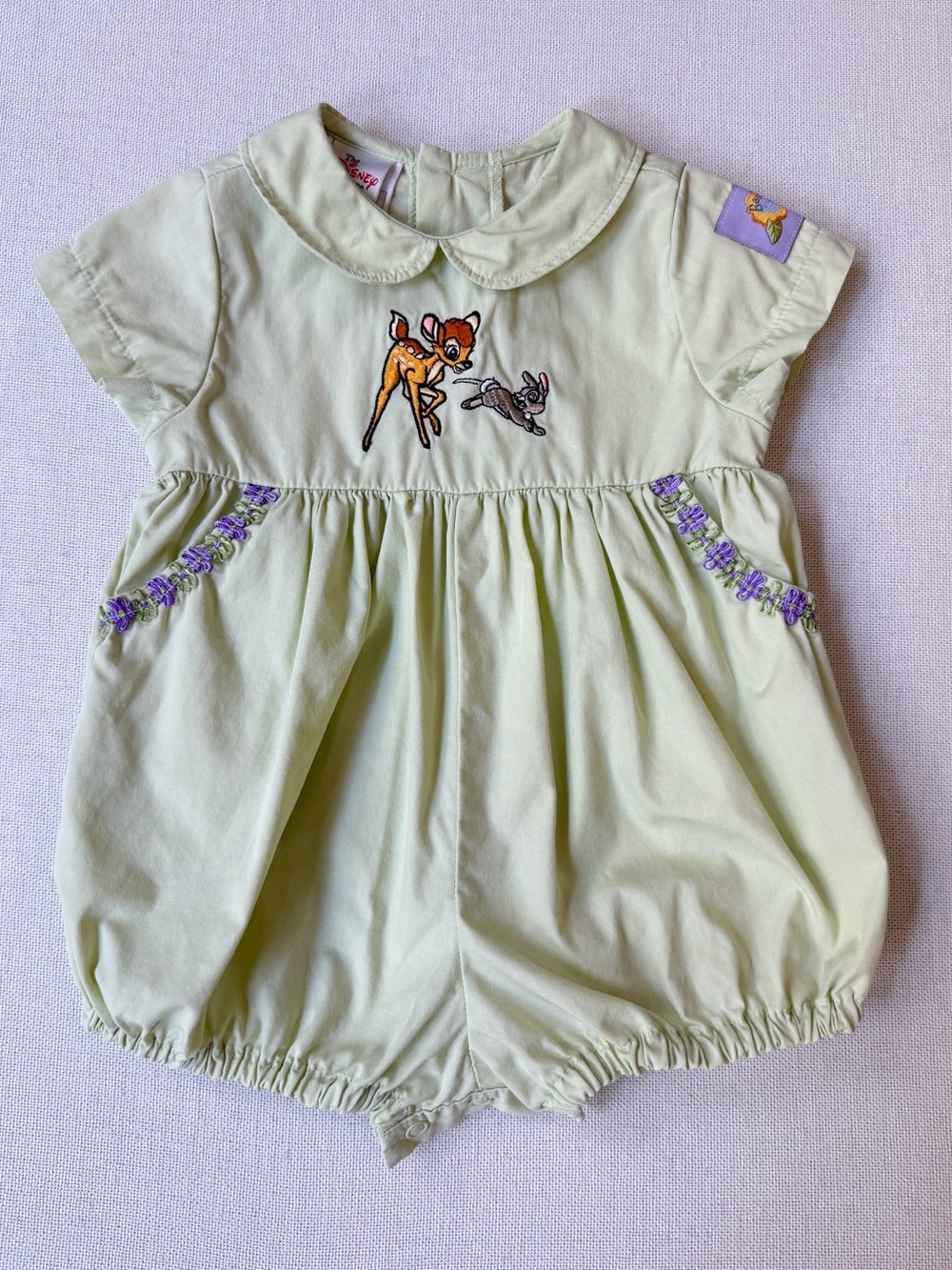 Vintage Disney Bambi Embroidered Peter Pan Collar Cotton Bubble Romper 6M